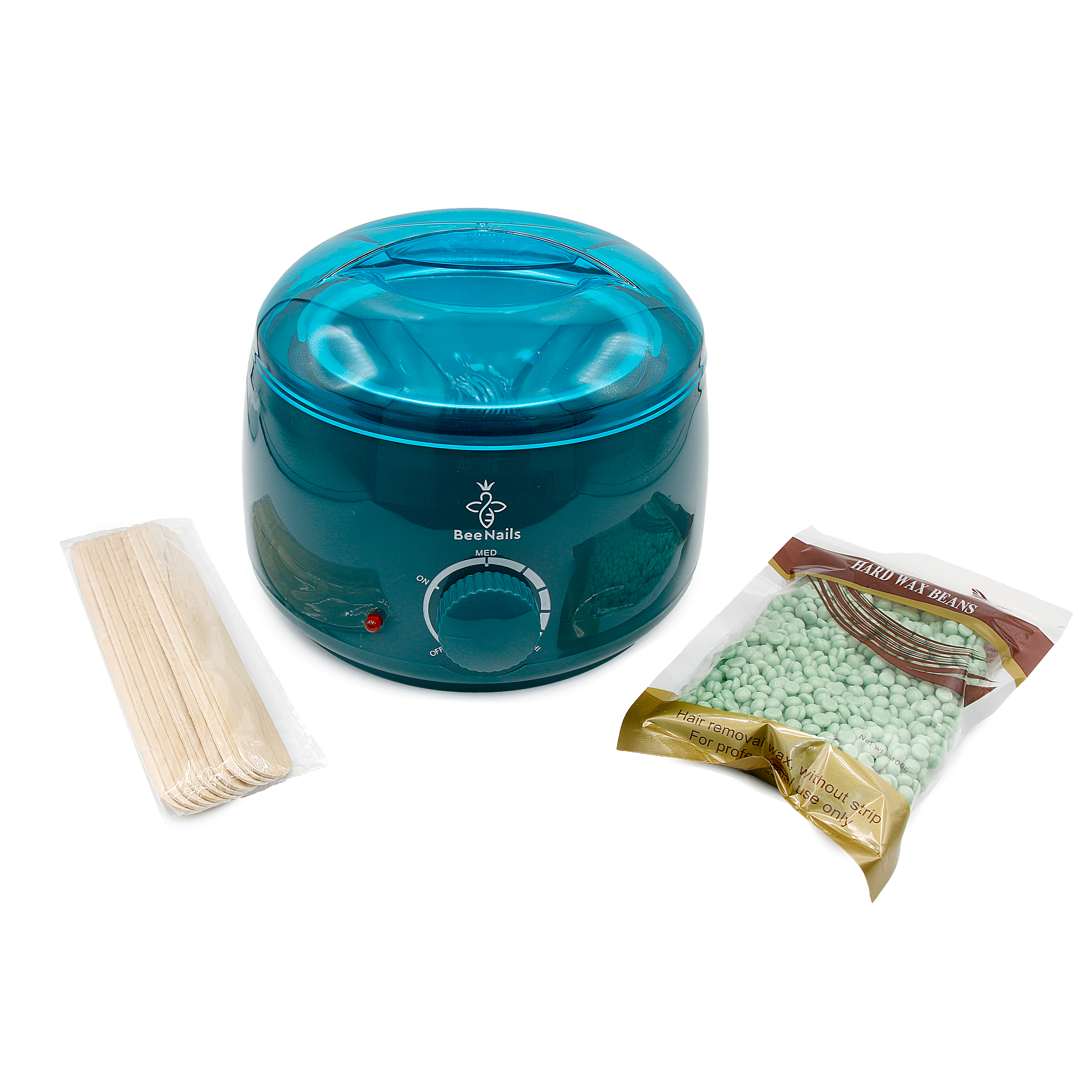 Kit epilare cu ceara granule, BeeNails, cu incalzitor ceara culoare verde deshis, 1 x 100 g, 1 x incalzitor ceara, 1 x set 10 spatule